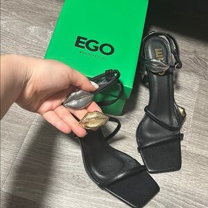 EGO Black Strappy Heels with Gold and Silver Accents Never Worn